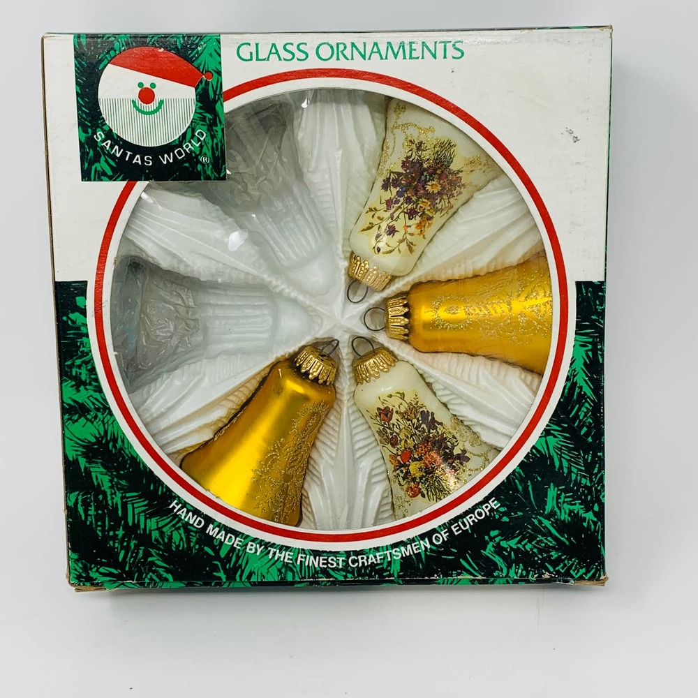 4 VTG. Kurt Adler West Germany Glass 3" Ornament 2 Bouquets Floral 2 Gold Bells